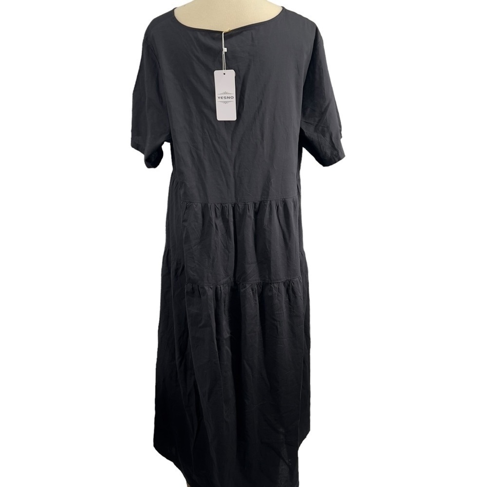 YESNO Black Crew Neck Short Sleeve Loose Tiered Pull Over Maxi Dress - Picture 6 of 10